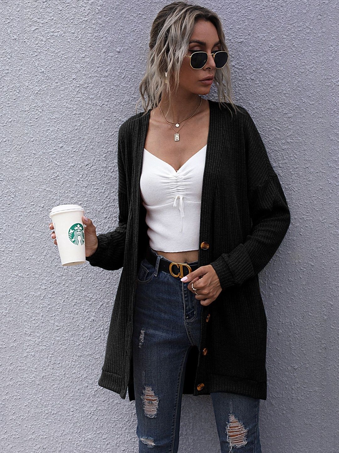 Women's Black Ribbed Acrylic Cardigan