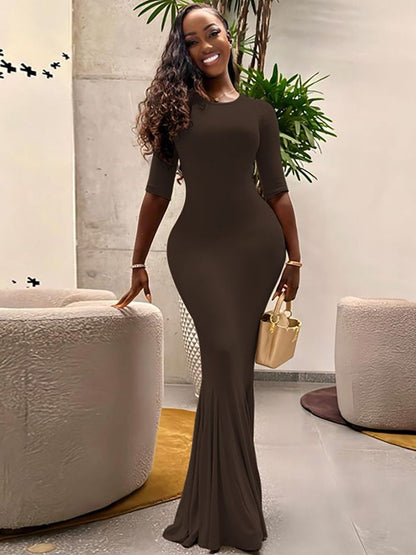Bodycon Maxi Dress in Brown - Nowi Korean Fashion
