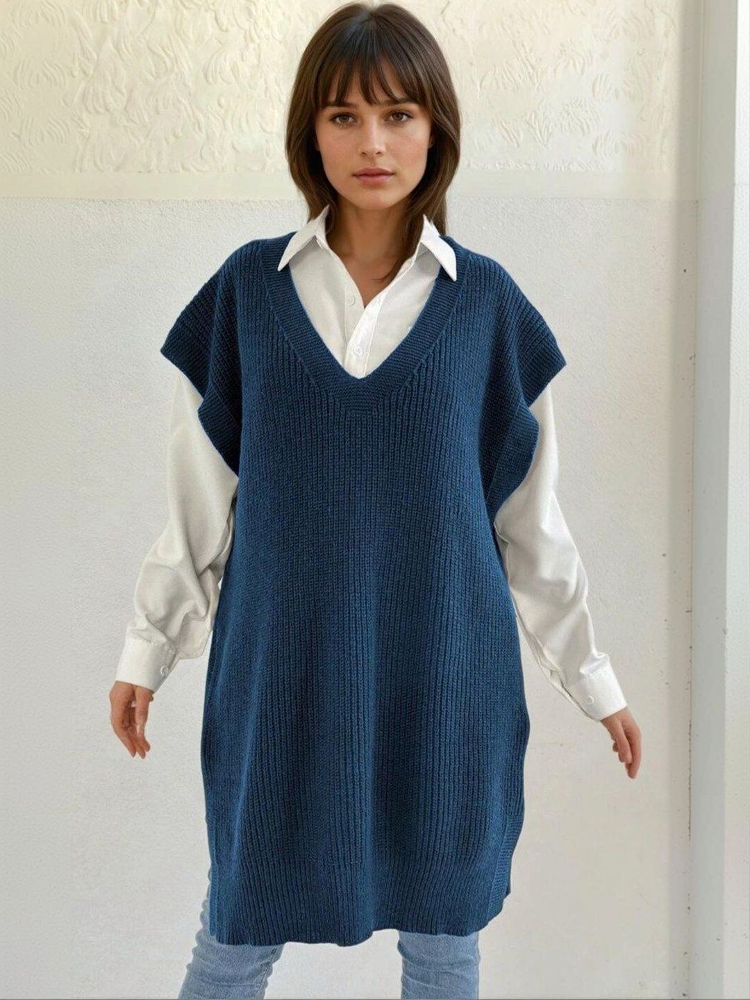 Ribbed Sweater Vest in Blue acrylic Sleeveless - Nowi Korean Fashion