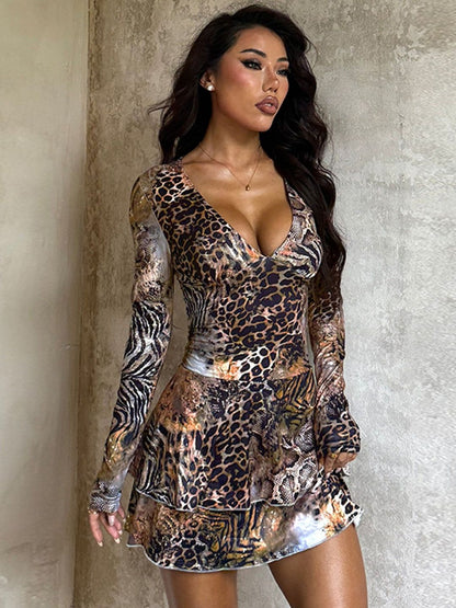 Animal Print Layered Fit & Flare Mini Dress