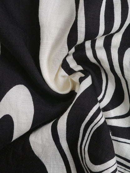 Women's Black Print Flared Sleeve Ruffled Linen Mini Dress