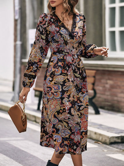 Women's Black Print Midi Dress Blend Printed Regular Fit