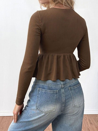 Women's Brown Cotton Peplum Top