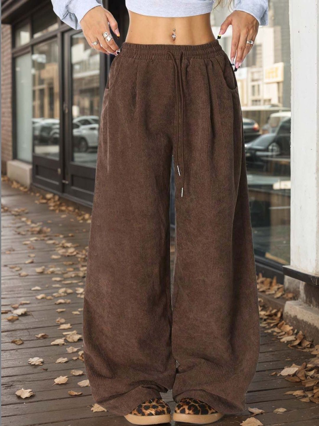 Brown Solid Wide Leg Loose Fit Trousers - Nowi Korean Fashion