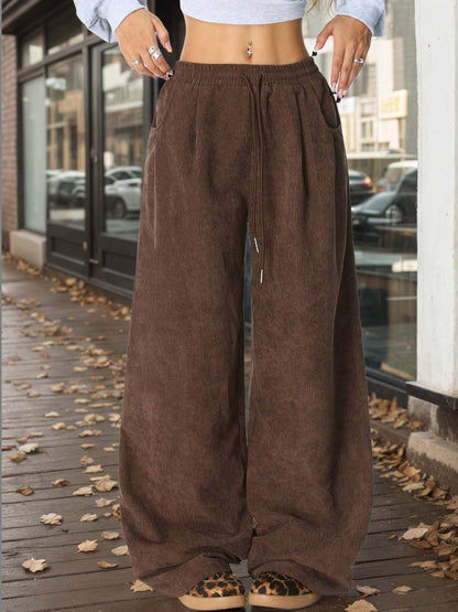 Brown Solid Wide Leg Loose Fit Trousers - Nowi Korean Fashion