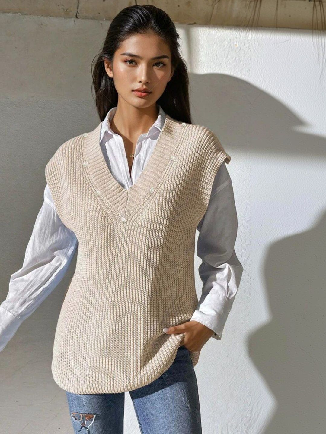 Ribbed Sweater Vest with Embellished Detail in Beige cotton - Nowi Korean Fashion