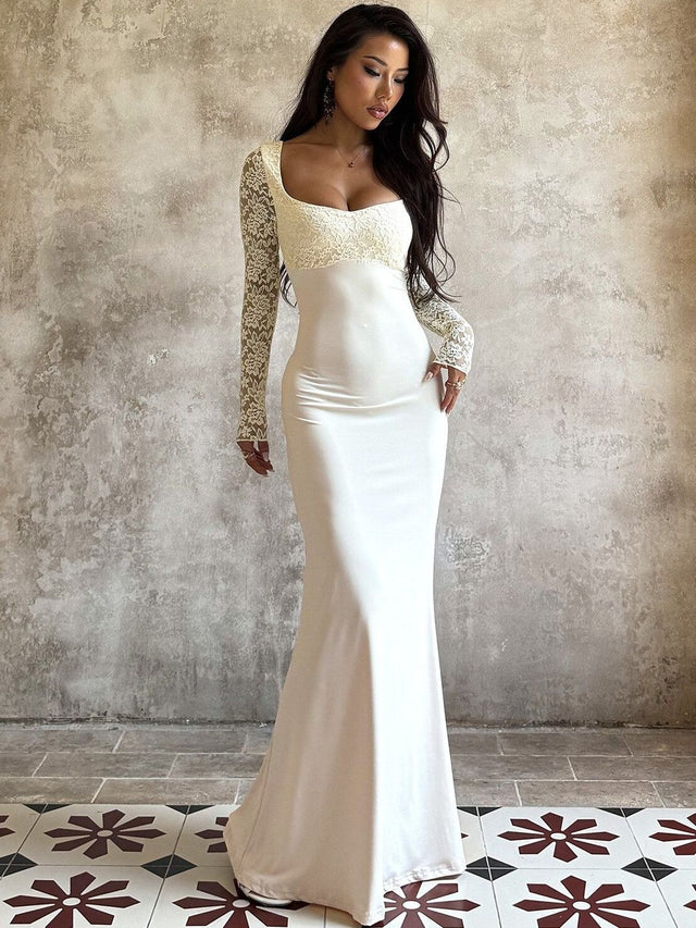 Sheath Maxi Dress in White polyester - Nowi Korean Fashion