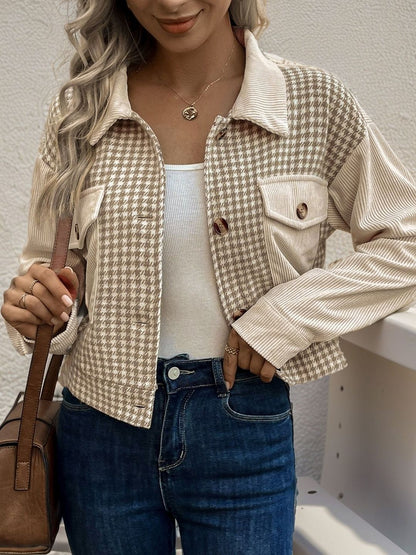 Women's Beige Geometric Checked Corduroy Denim Jacket