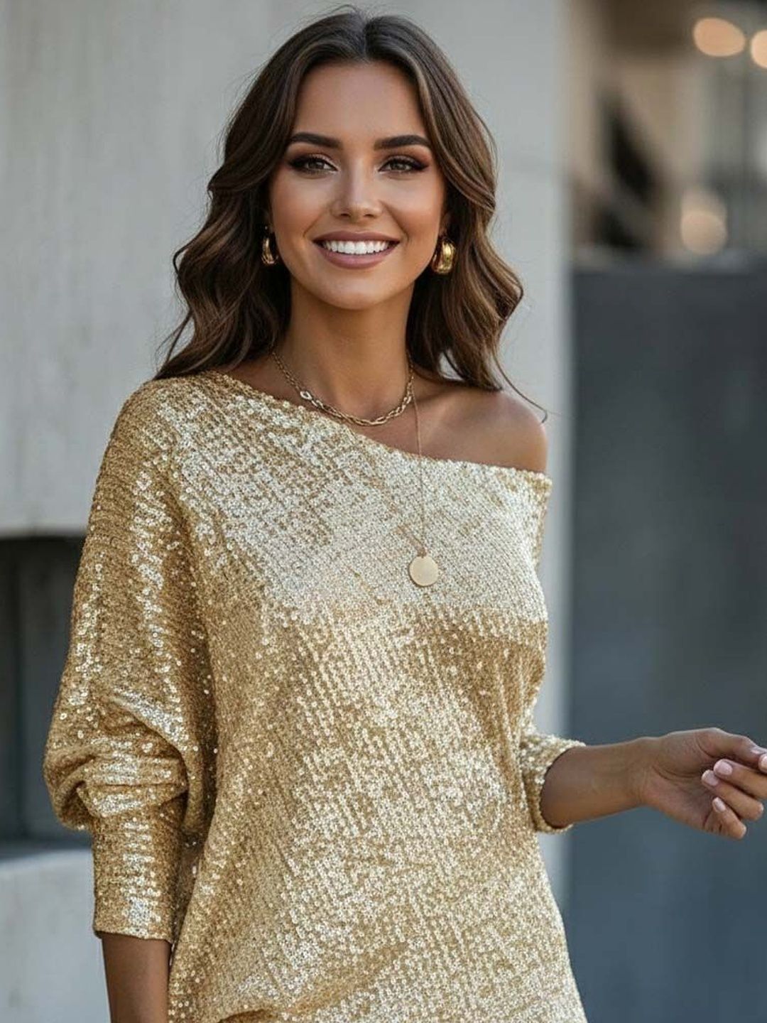 Gold-Toned Off-Shoulder Sequined Mini Dress