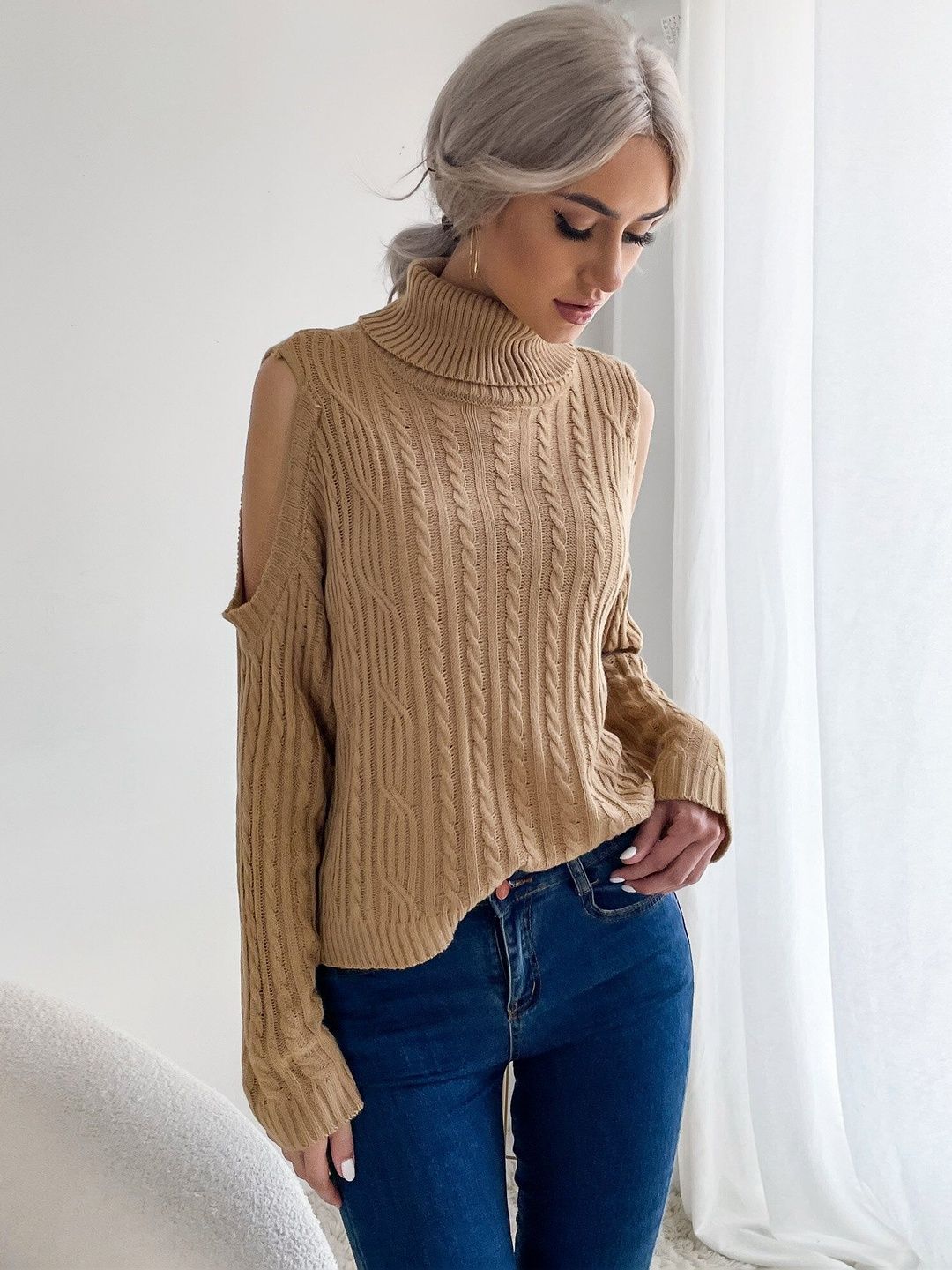 Women's Orange Nowi Women Cable Knit Pullover Printed