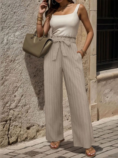 Textured Loose Fit High-Rise Non Iron Trousers in Beige cotton - Nowi Korean Fashion