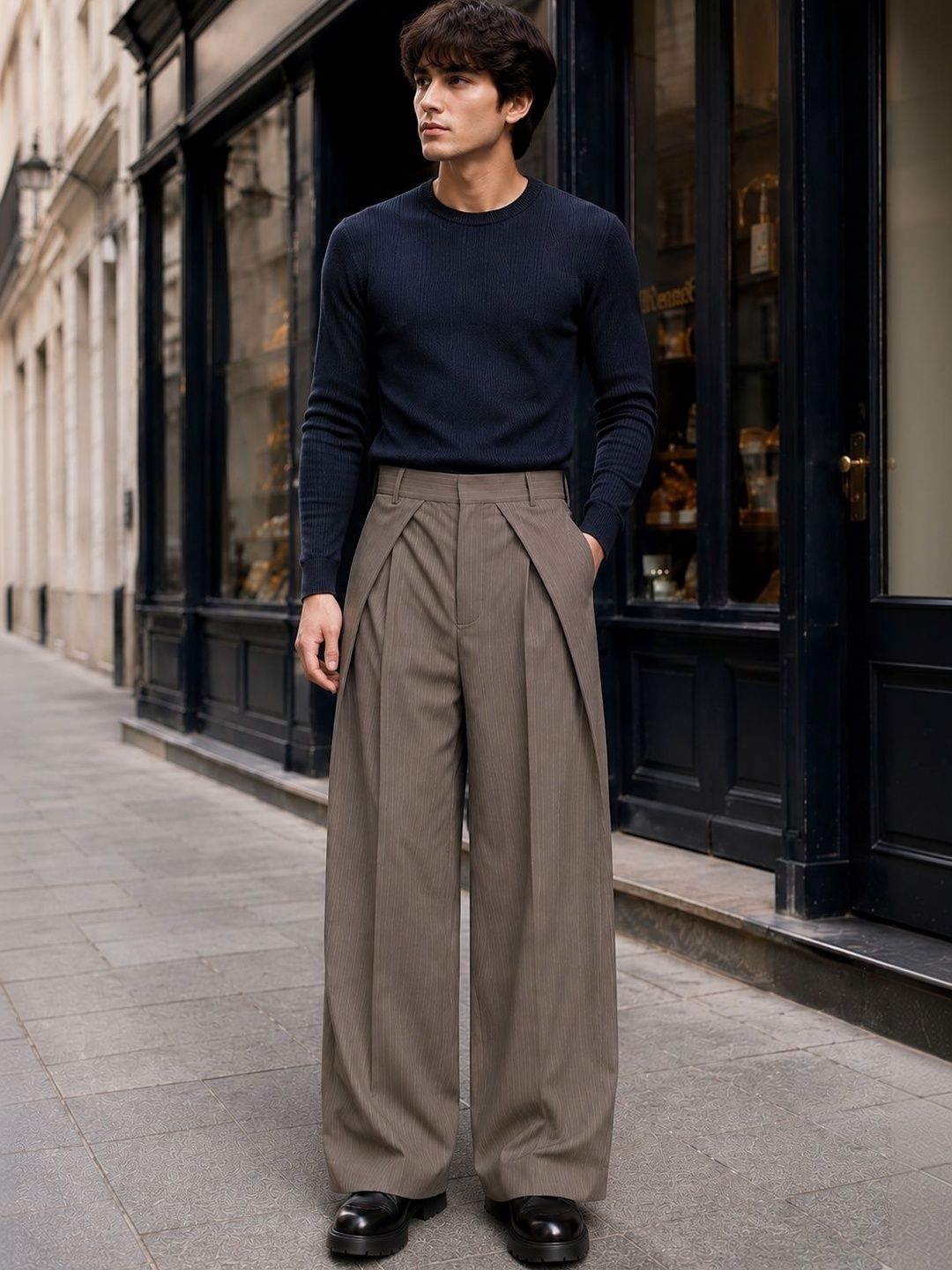 Men Striped Relaxed High-Rise Pleated Trousers