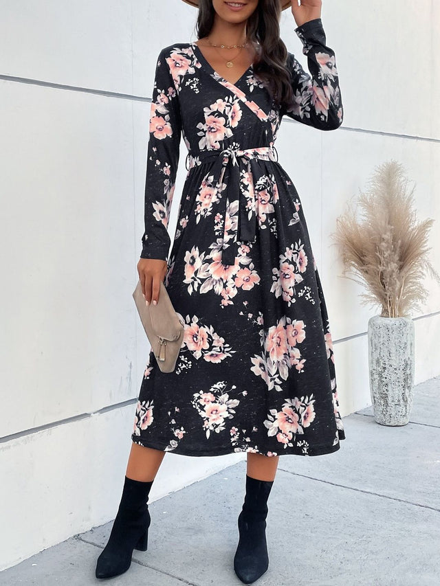 Floral Print Midi Dress in Black - Nowi Korean Fashion