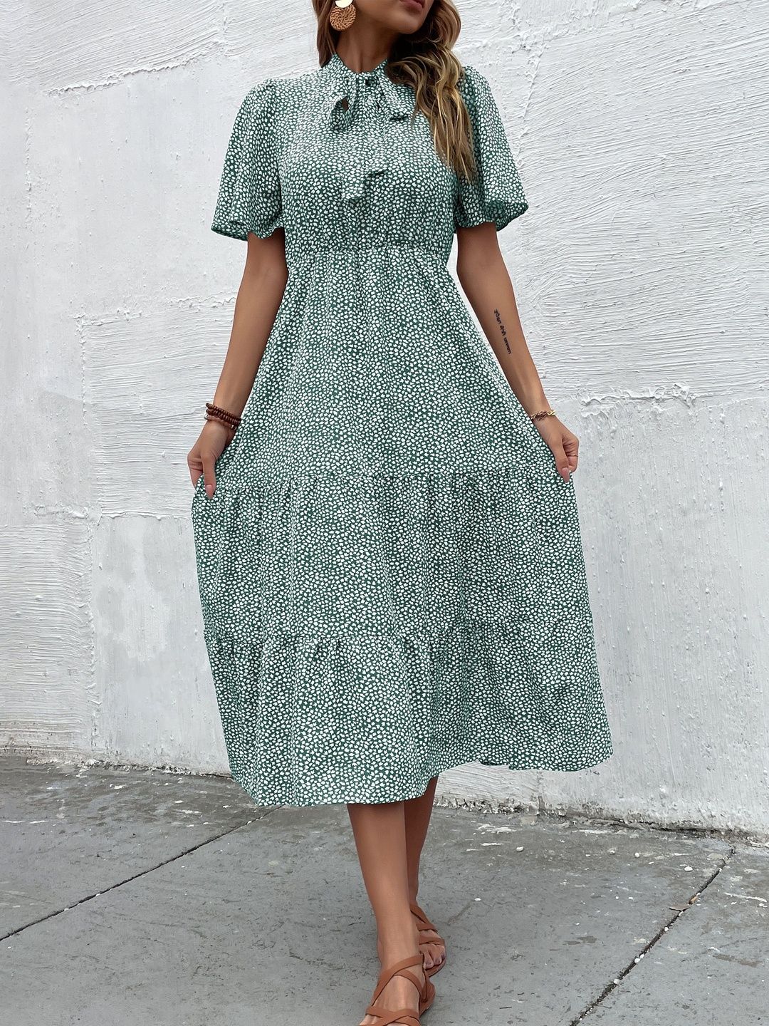 Print Tie-Up Neck Fit & Flare Midi Dress