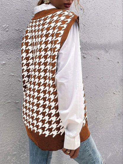 Women's Brown Checked Printed Sweater Vest
