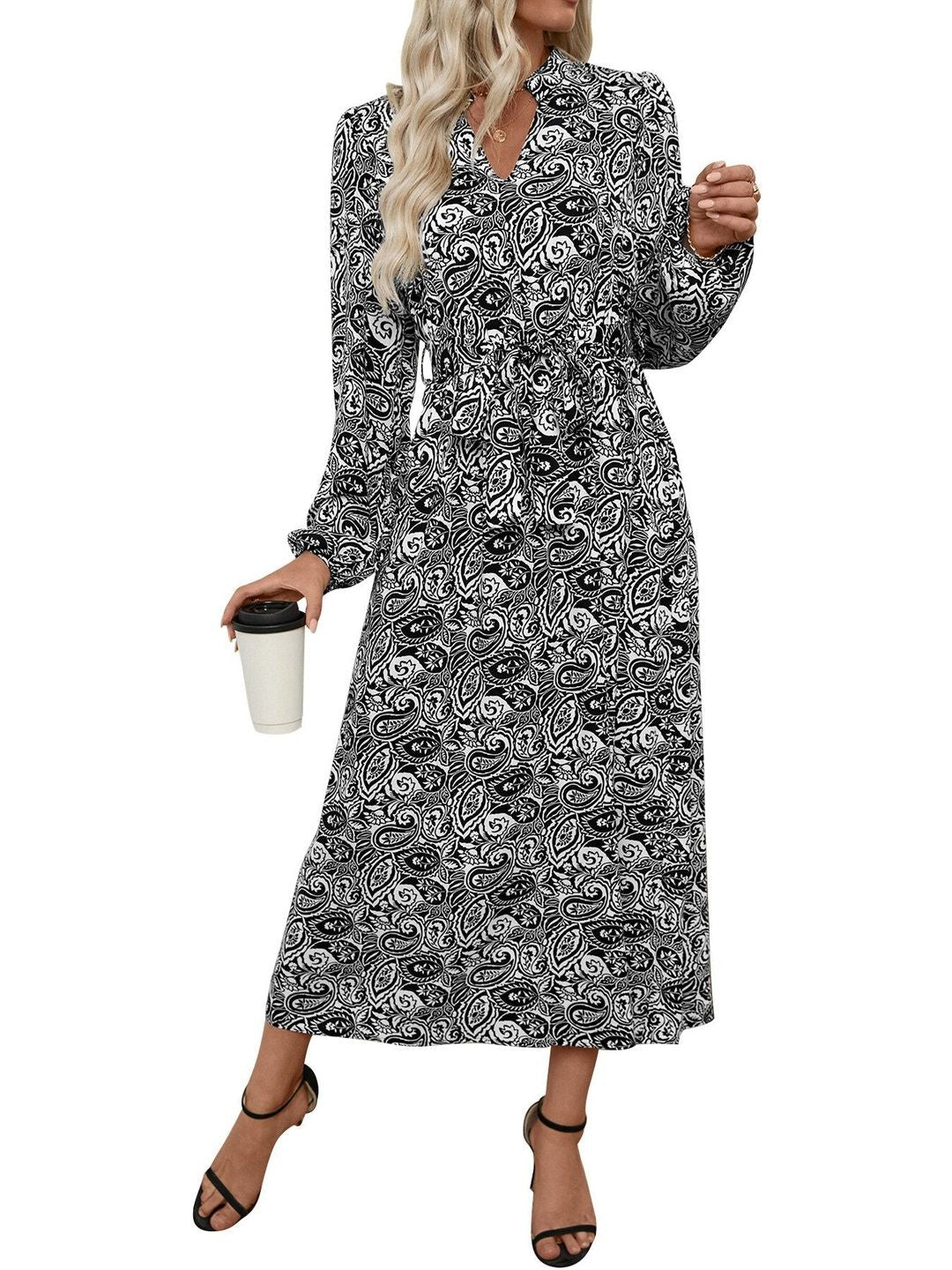 Print A-Line Midi Dress in White - Nowi Korean Fashion