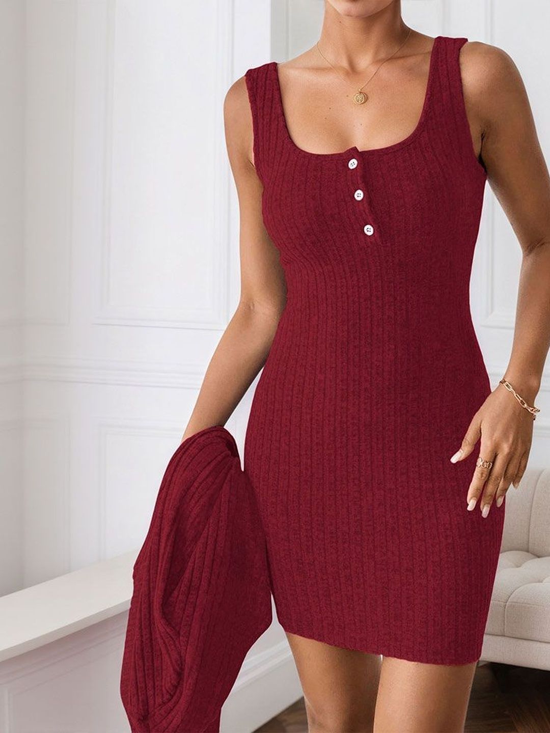 NOWI Striped Bodycon Dress with Coat
