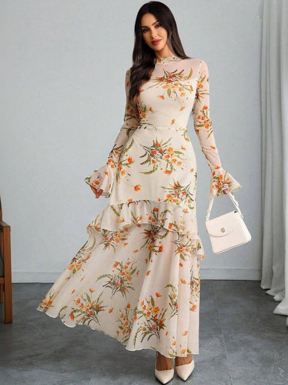 Floral Print Flared Sleeve Ruffled Maxi Dress