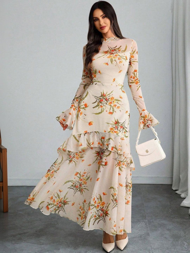 Floral Print Flared Sleeve Ruffled Maxi Dress