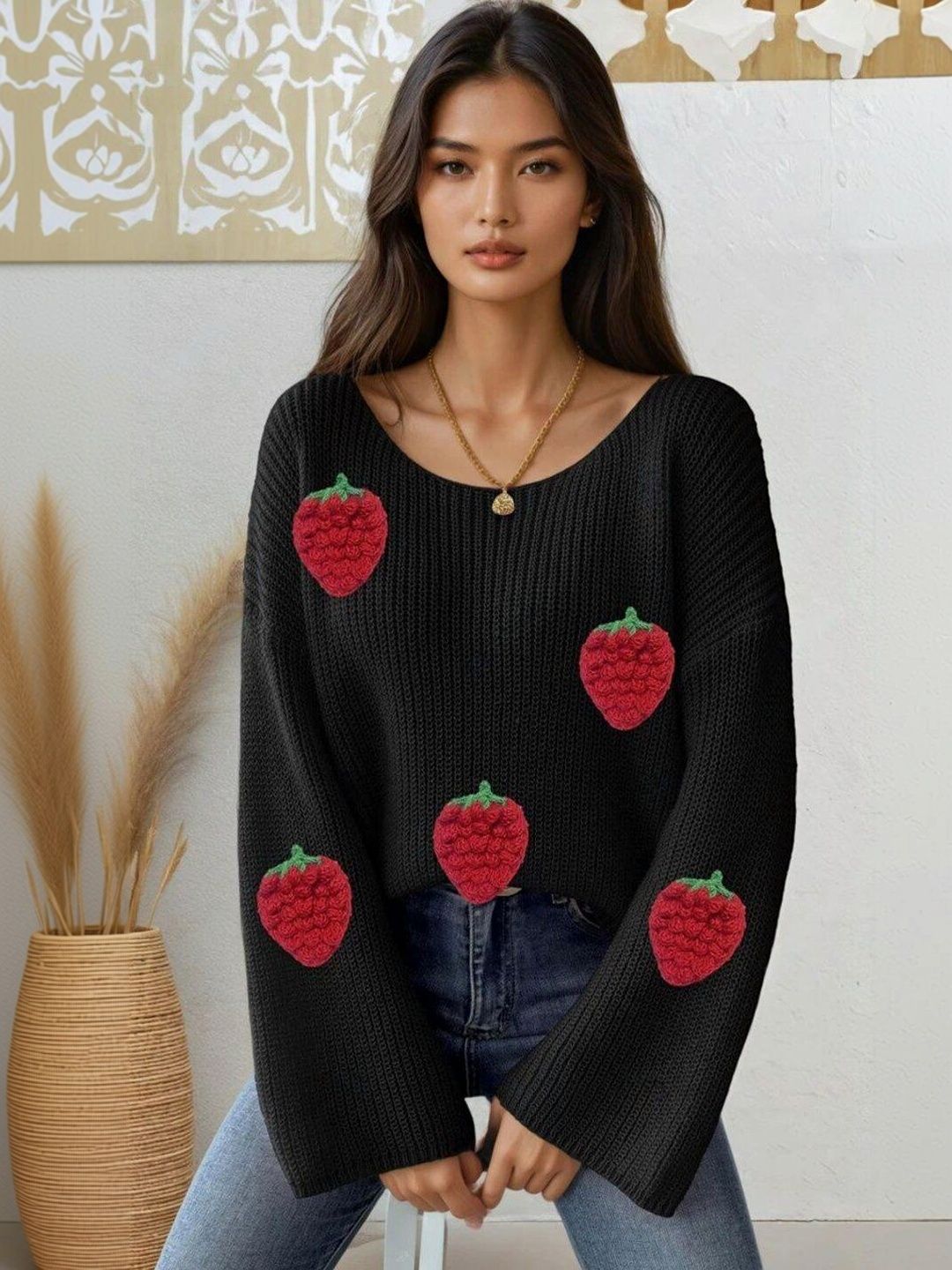 Embroidered Pullover with Embroidered Detail in Black acrylic - Nowi Korean Fashion