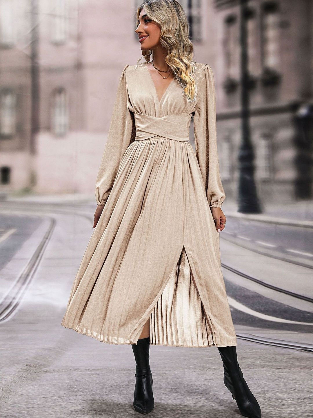 A-Line Midi Dress in Beige - Nowi Korean Fashion