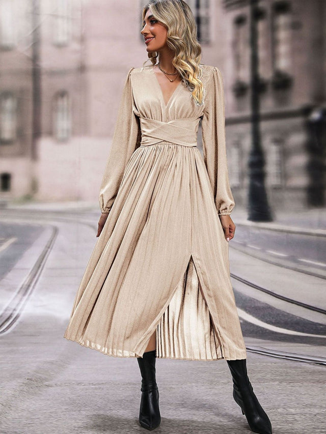 A-Line Midi Dress in Beige - Nowi Korean Fashion