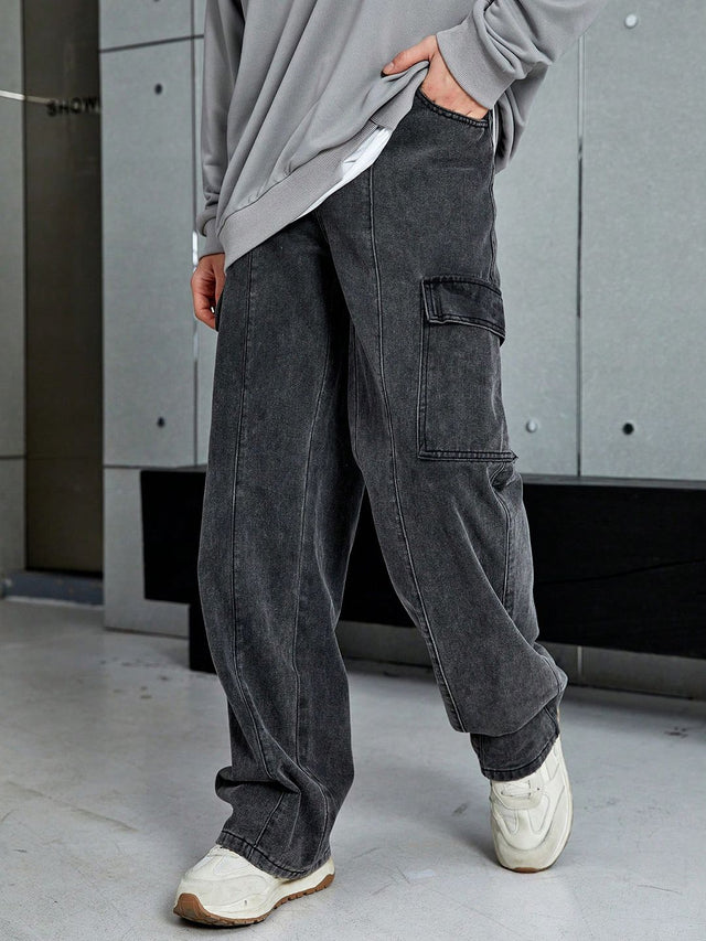 Relaxed Fit Mid-Rise Light Fade Clean Look Cargo Style Cotton Jeans in Grey - Nowi Korean Fashion
