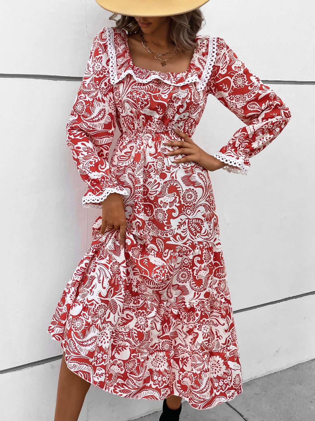 Floral Print Ruffled A-Line Midi Dress in Red - Nowi Korean Fashion