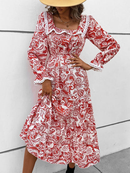 Floral Print Ruffled A-Line Midi Dress in Red - Nowi Korean Fashion