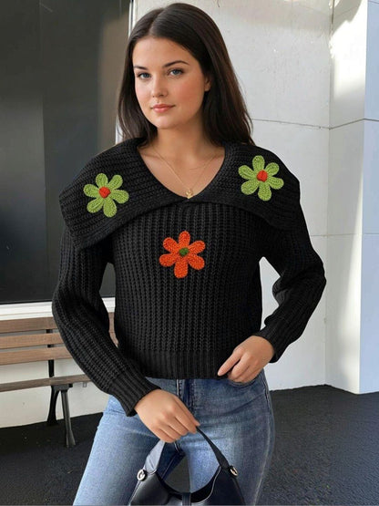 Cable Knit Pullover with Applique Detail in Black acrylic Long Sleeve - Nowi Korean Fashion