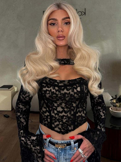Floral Embroidered Bell Sleeve Crop Top