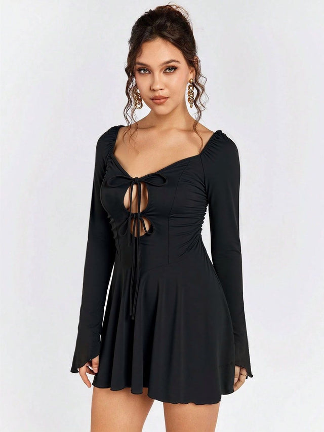 Fit & Flare Mini Dress in Black polyester - Nowi Korean Fashion