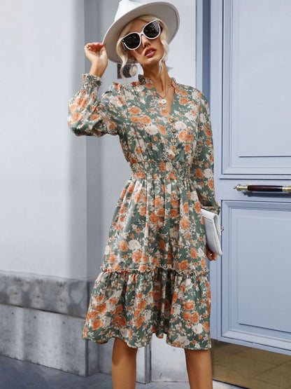 Women's Green Floral Print Fit & Flare Midi Dress Blend