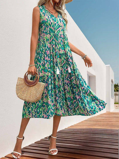 Women's Green Print Tie-Up Neck A-Line Midi Dress