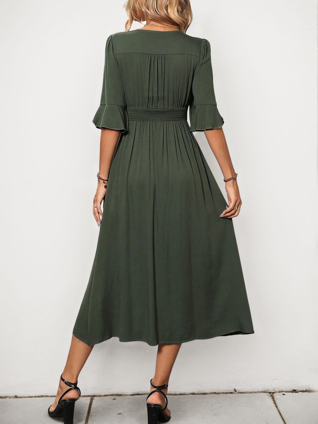 Flared Sleeve A-Line Midi Dress