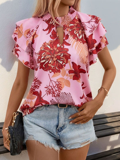 Floral Print Flutter Sleeve Ruffles Top - Nowi Korean Fashion