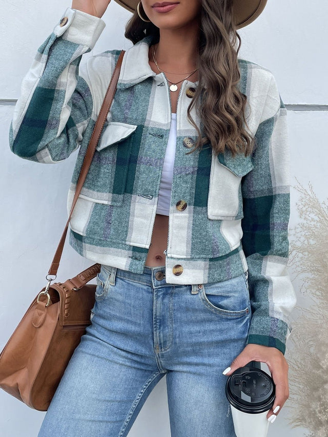 Checked Open Front Jacket Long Sleeve - Nowi Korean Fashion