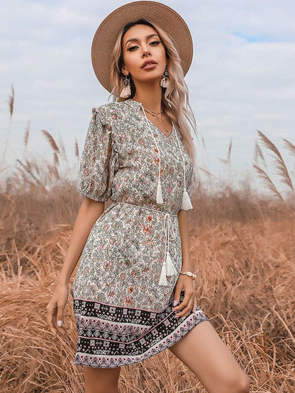 Floral Print Puff Sleeve A-Line Mini Dress