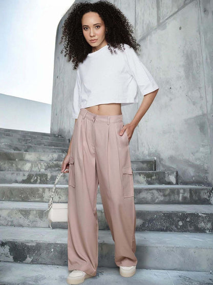 Women High-Rise Pleated Cargos Trousers