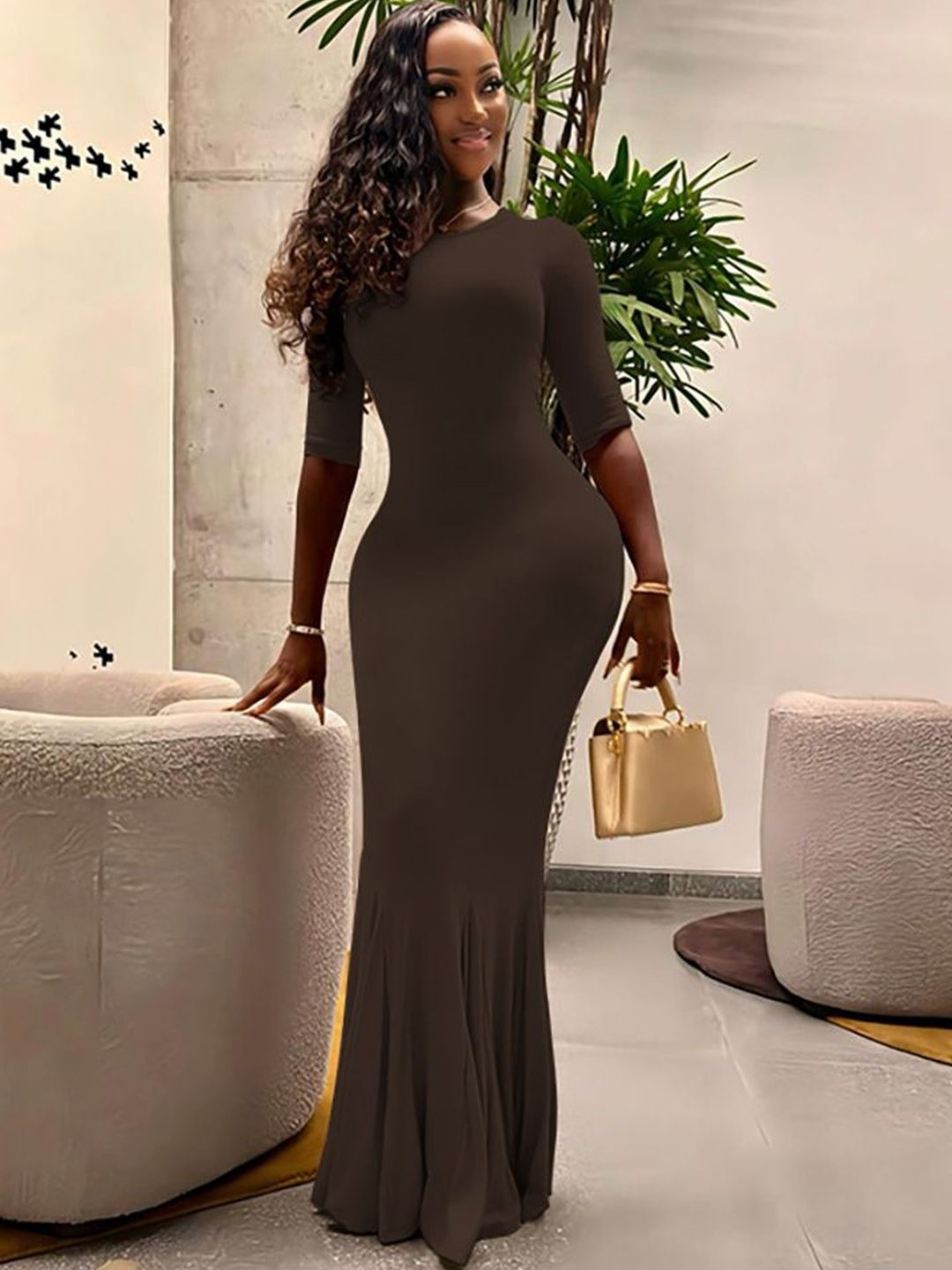 Women's Brown Bodycon Maxi Dress Blend Printed