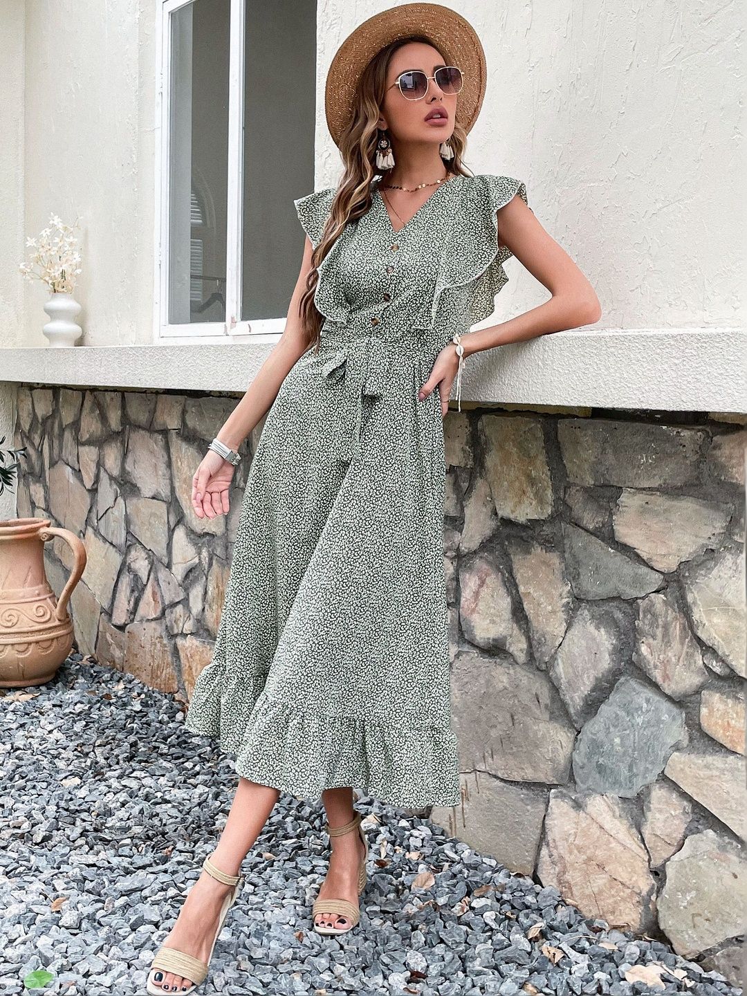 Floral Print Flutter Sleeve Ruffled A-Line Midi Dress