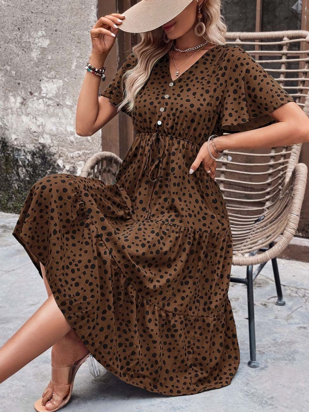 NOWI Polka Dot Printed Flared Sleeve A-Line Midi Dress
