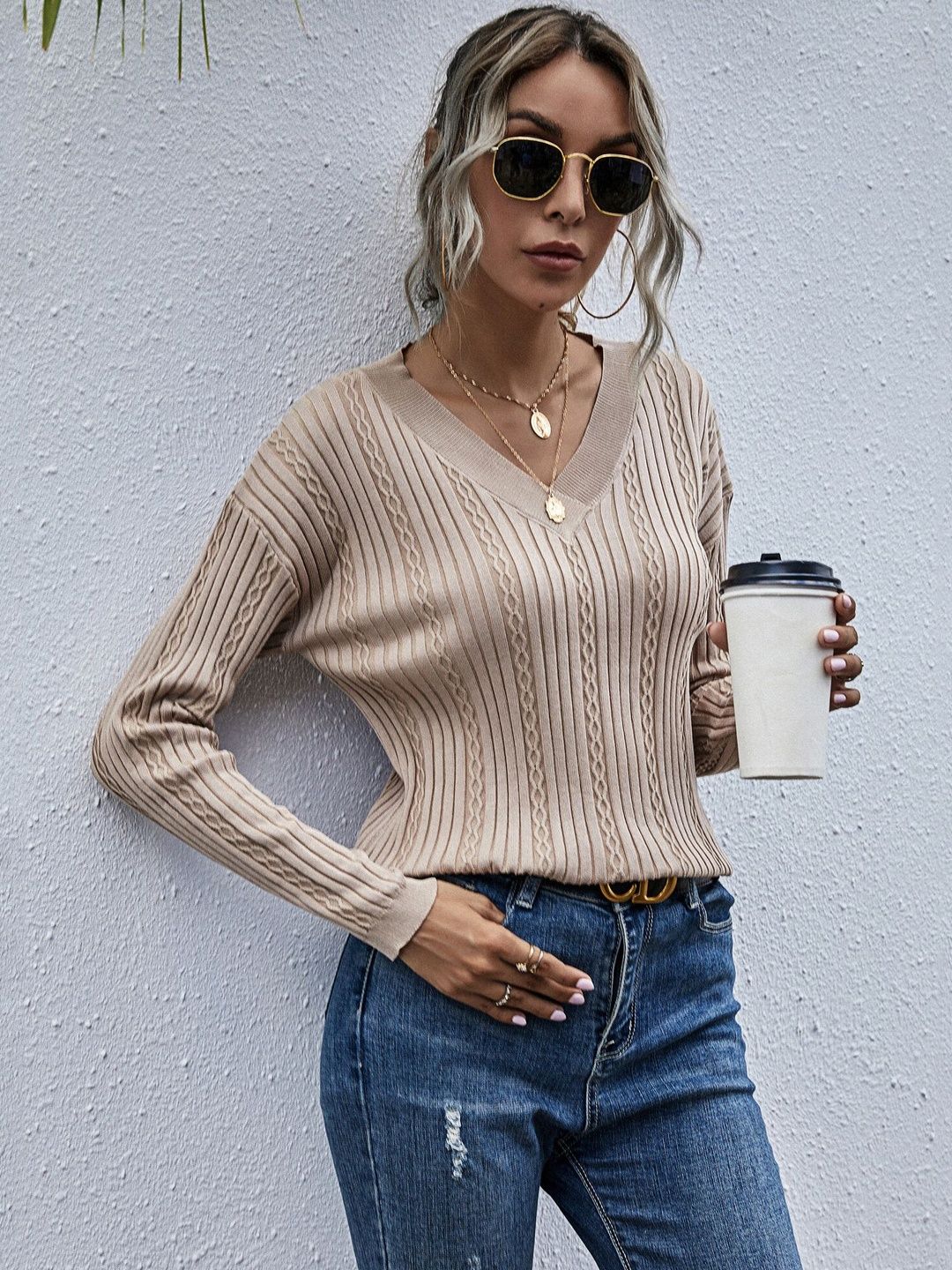 Women's Beige Cable Knit Pullover Printed Regular Fit