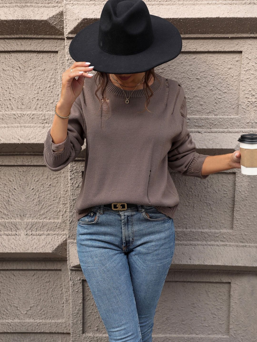 Women's Brown Pullover With Fuzzy Detail Blend