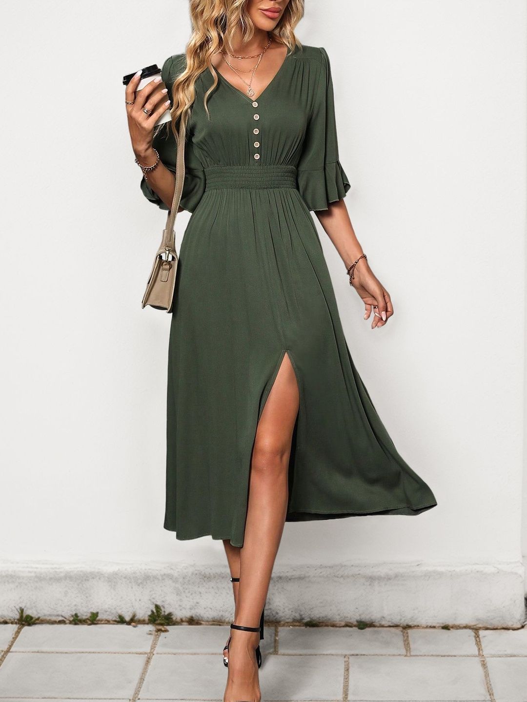 Flared Sleeve A-Line Midi Dress