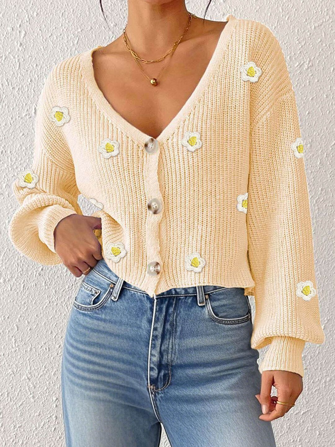 Women Floral Crop Cardigan with Applique Detail