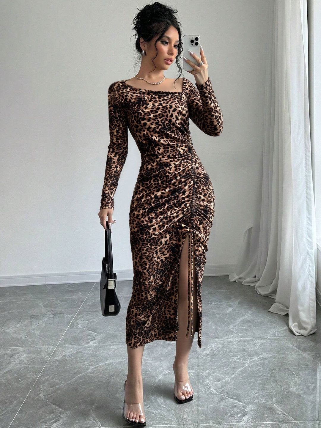 Animal Print Bodycon Midi Dress - Nowi Korean Fashion