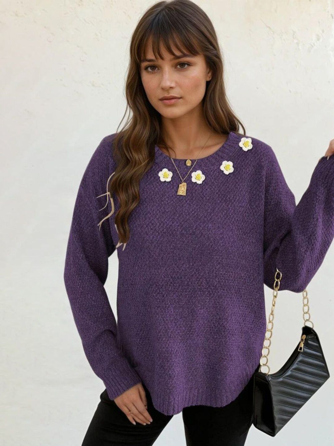 Pullover with Embellished Detail in Purple acrylic - Nowi Korean Fashion