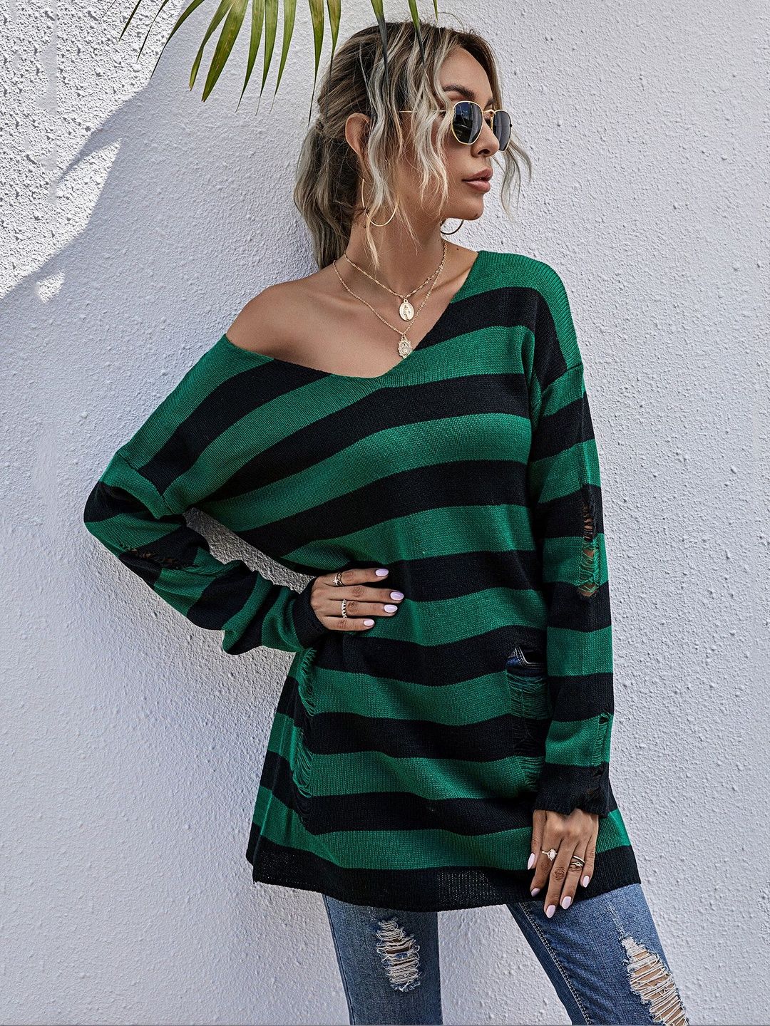 Women's Green Striped Pullover Blend Regular Fit