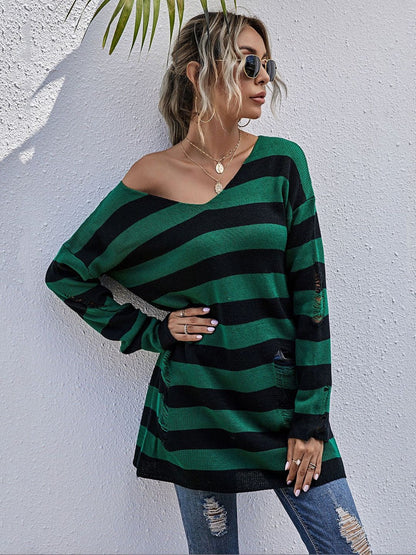 Women's Green Striped Pullover Blend Regular Fit